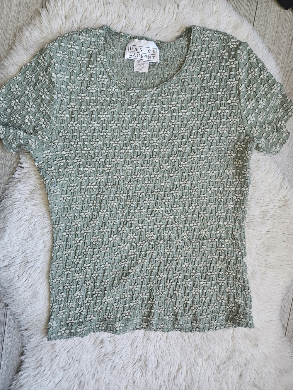 Daniel Laurent Sage Green Textured Knit Top Women Short Sleeve Casual🔥